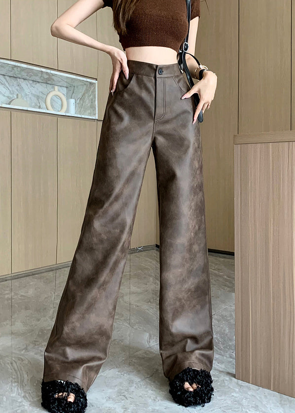 Modern Brown Pockets High Waist Faux Leather Pants Fall ER016