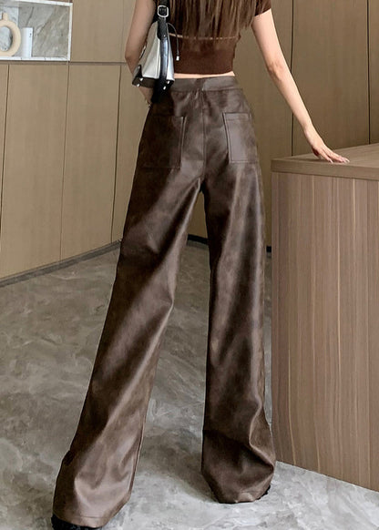 Pantalon en similicuir taille haute avec poches marron moderne Automne WL009