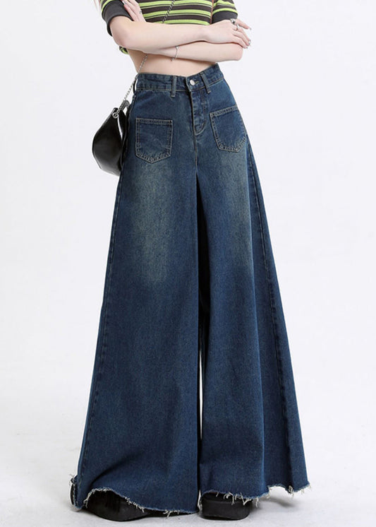 Pantalon large taille haute en denim bleu moderne avec poches Automne AW1002