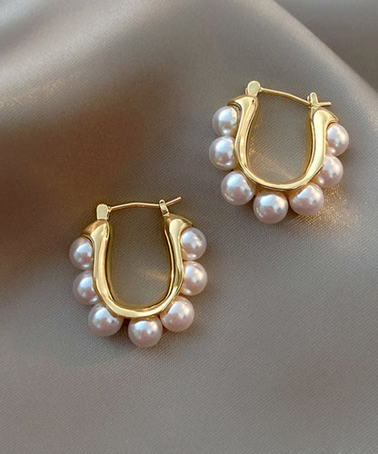 Modern Gold Sterling Silver Alloy Pearl Hoop Earrings WH021