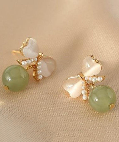 Modern Green Copper Jade Pearl Butterfly Drop Earrings WH046