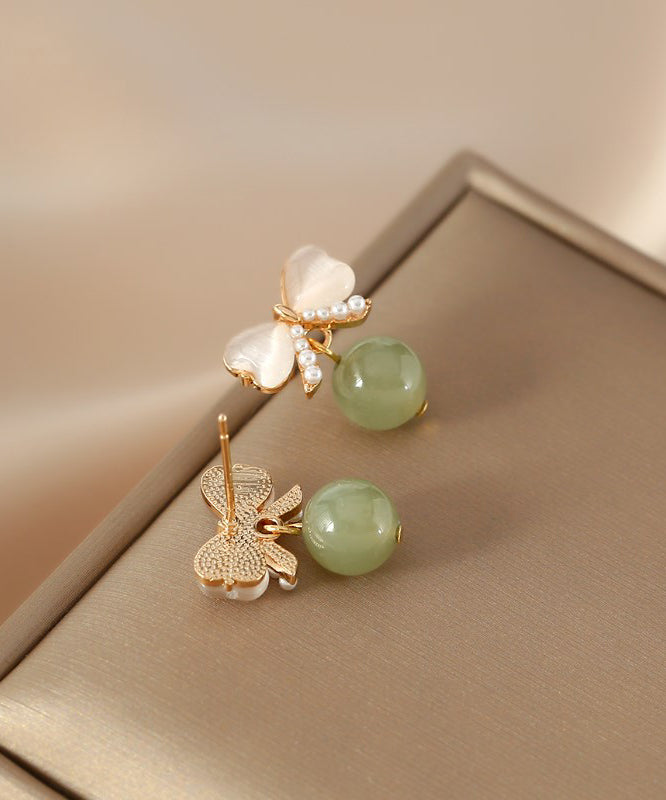 Modern Green Copper Jade Pearl Butterfly Drop Earrings WH046