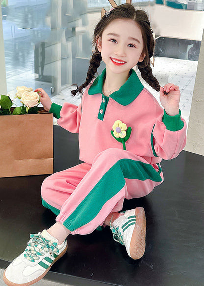 Modern Pink Peter Pan Collar Floral Girls Top And Lantern Pants Two Pieces Set Spring TR034