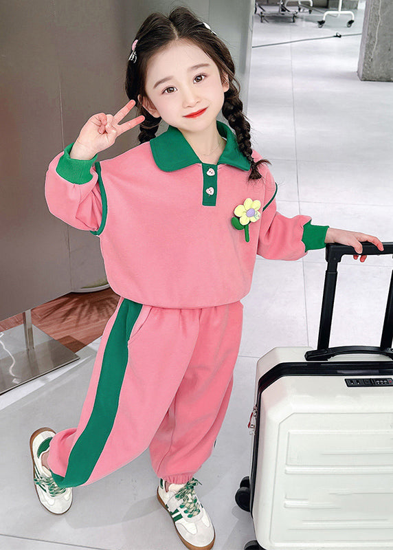 Modern Pink Peter Pan Collar Floral Girls Top And Lantern Pants Two Pieces Set Spring TR034