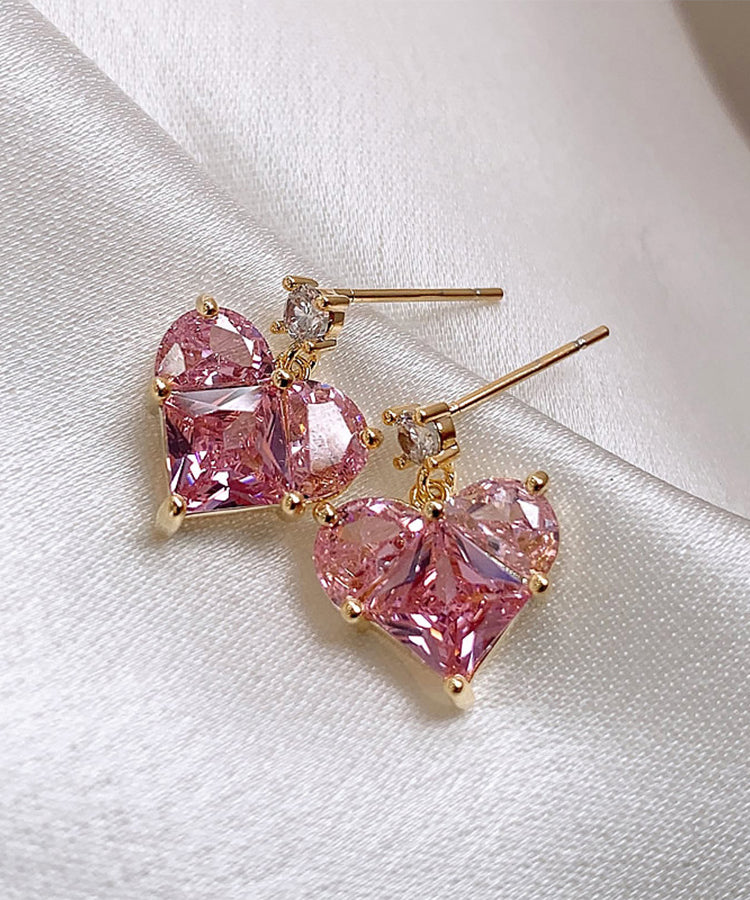 Modern Pink Sterling Silver Zircon Crystal Peach Heart Stud Earrings QJ056