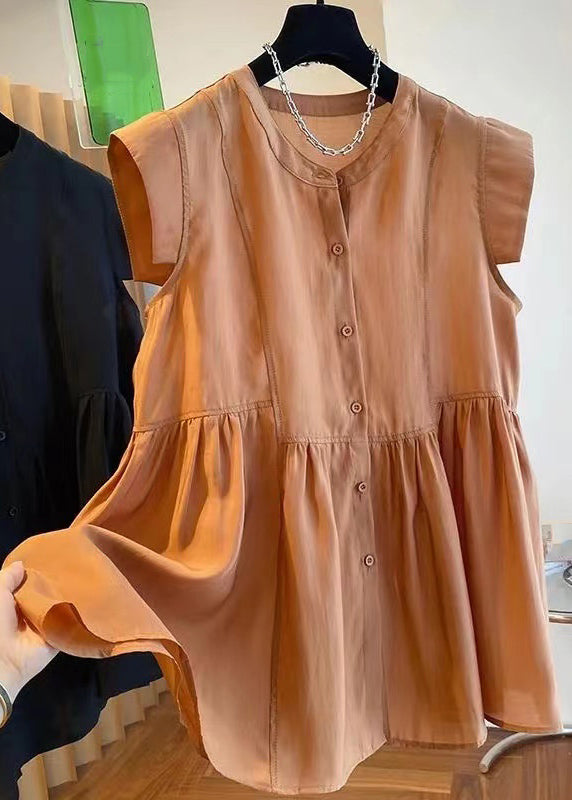 Chemise en mousseline de soie froissée à boutons et à manches courtes en patchwork caramel naturel VB1066