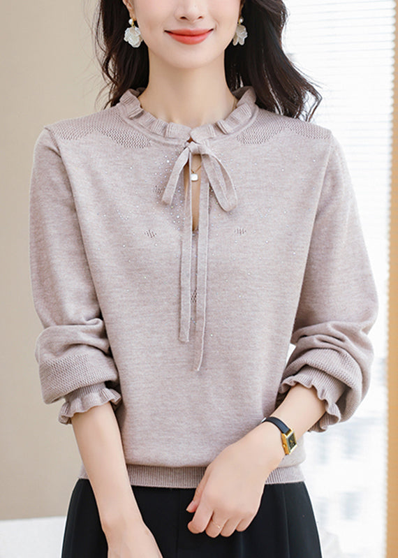 Natural Coffee Ruffled Tie Lace Thick Cotton Knit Sweater Puff Sleeve TE030