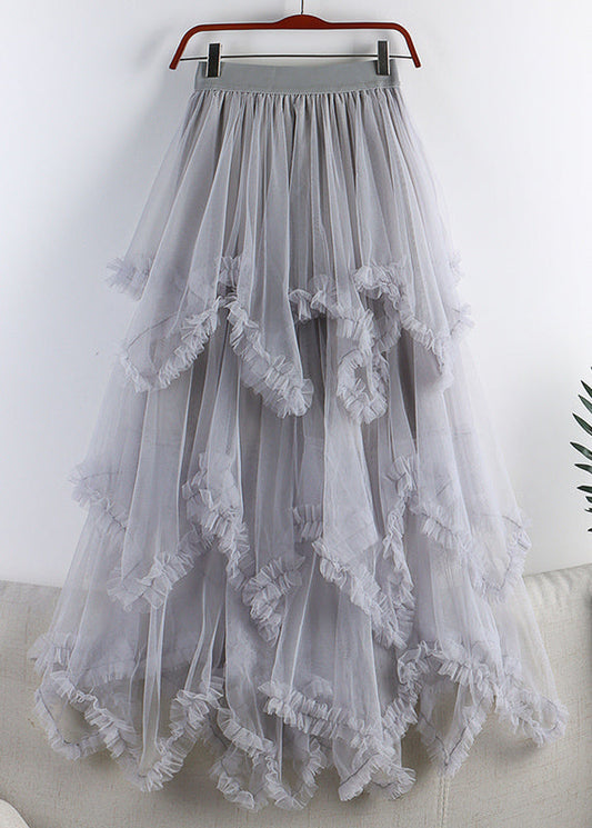 Natural Grey Asymmetrical Patchwork Wrinkled Tulle Maxi Skirts Spring RX003