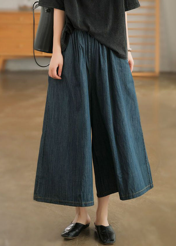 Natural Navy Pockets Elastic Waist Denim Wide Leg Pants Summer TN006