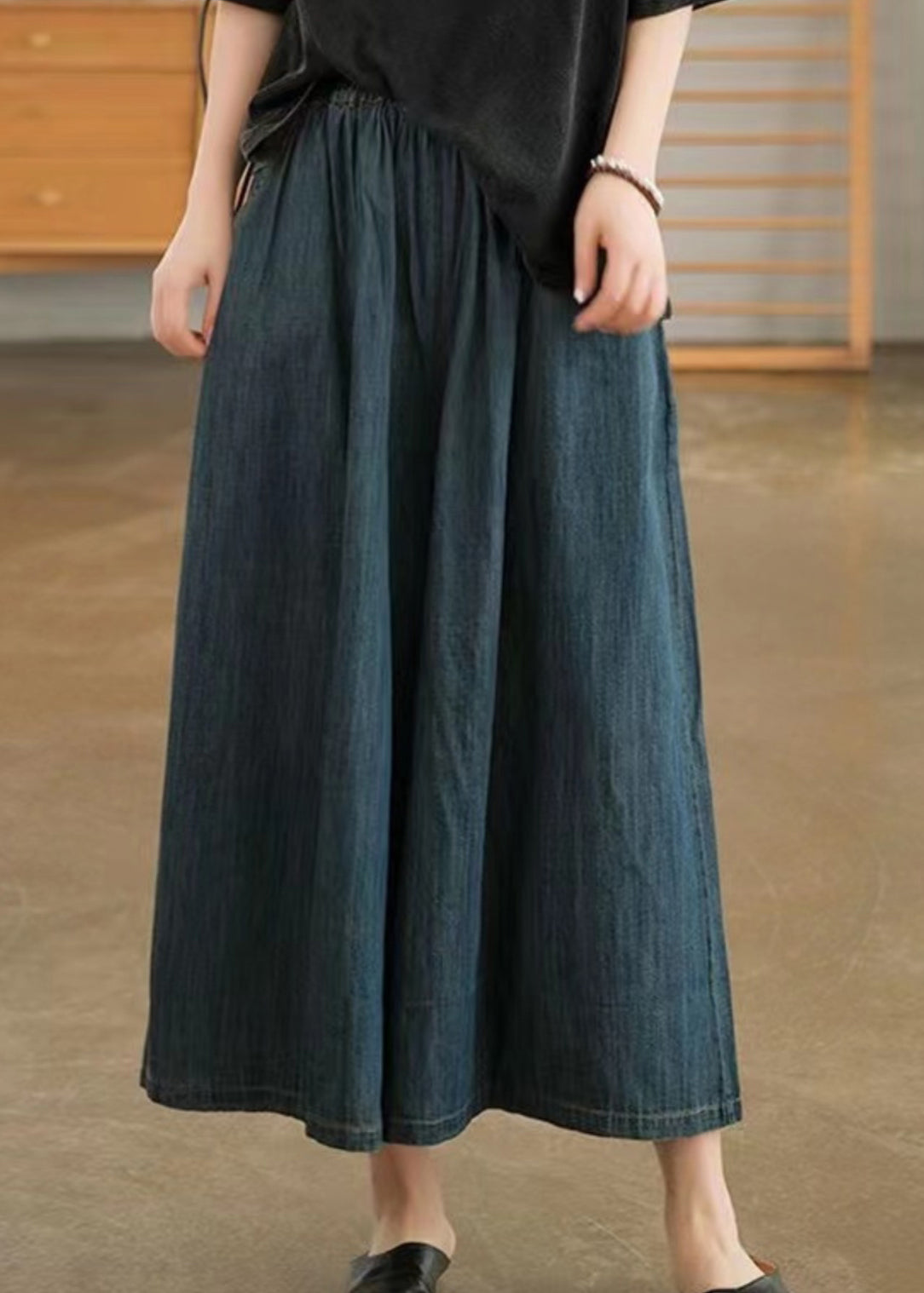 Natural Navy Pockets Elastic Waist Denim Wide Leg Pants Summer TN006