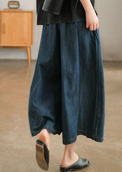 Natural Navy Pockets Elastic Waist Denim Wide Leg Pants Summer TN006