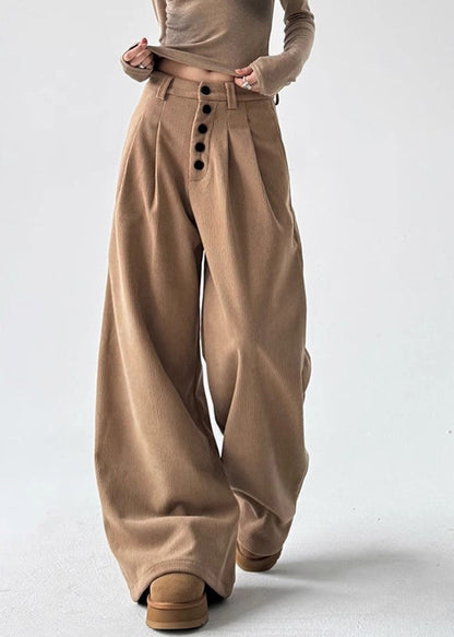 Natural Orange Pockets Patchwork High Waist Corduroy Wide Leg Pants Spring TA054