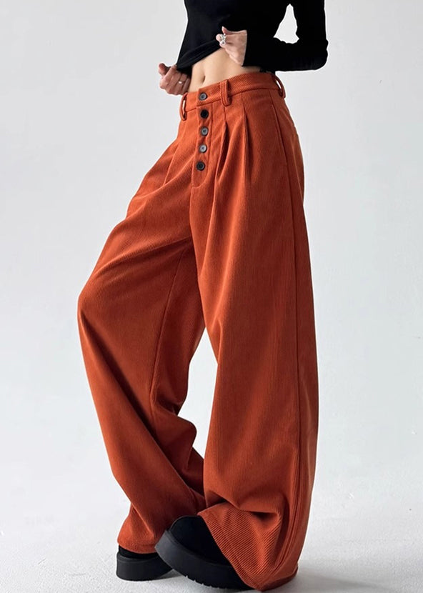 Natural Orange Pockets Patchwork High Waist Corduroy Wide Leg Pants Spring TA054