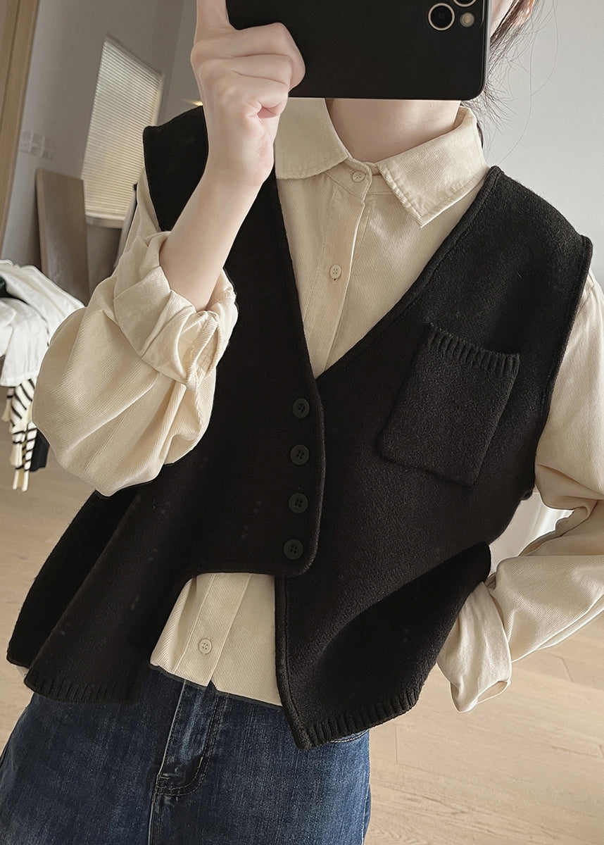 New Apricot Asymmetrical Button Patchwork Cotton Knit Waistcoat Sleeveless TU037