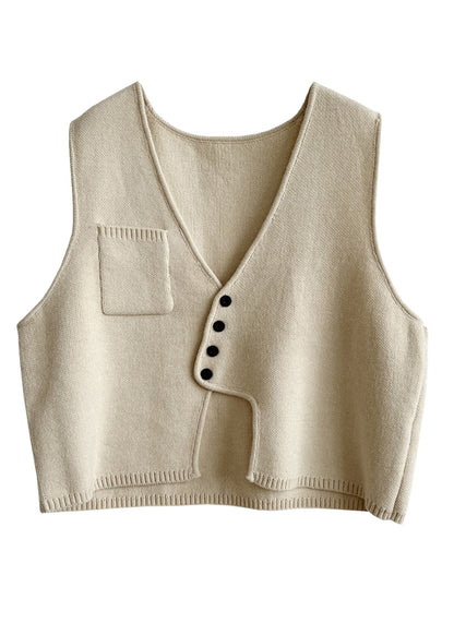 New Apricot Asymmetrical Button Patchwork Cotton Knit Waistcoat Sleeveless TU037