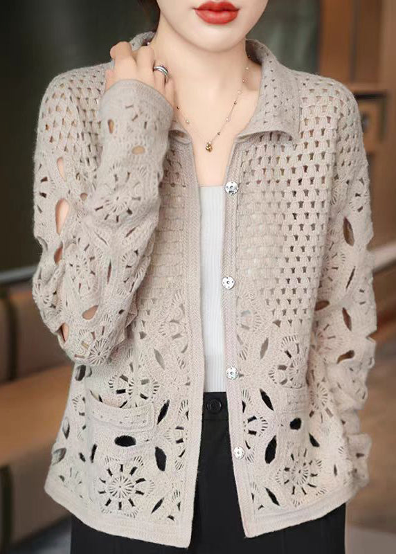 Neue beige Strickjacke mit ausgehöhlten Knöpfen für Herbst WQ037