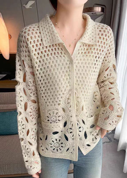 Neue beige Strickjacke mit ausgehöhlten Knöpfen für Herbst WQ037