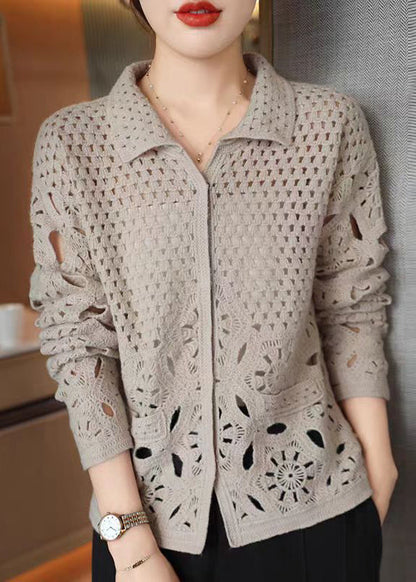 Neue beige Strickjacke mit ausgehöhlten Knöpfen für Herbst WQ037