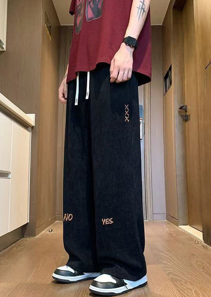 New Black Embroideried Elastic Waist Corduroy Men Wide Leg Pants Fall WA049