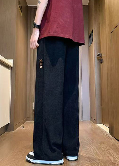 New Black Embroideried Elastic Waist Corduroy Men Wide Leg Pants Fall WA049