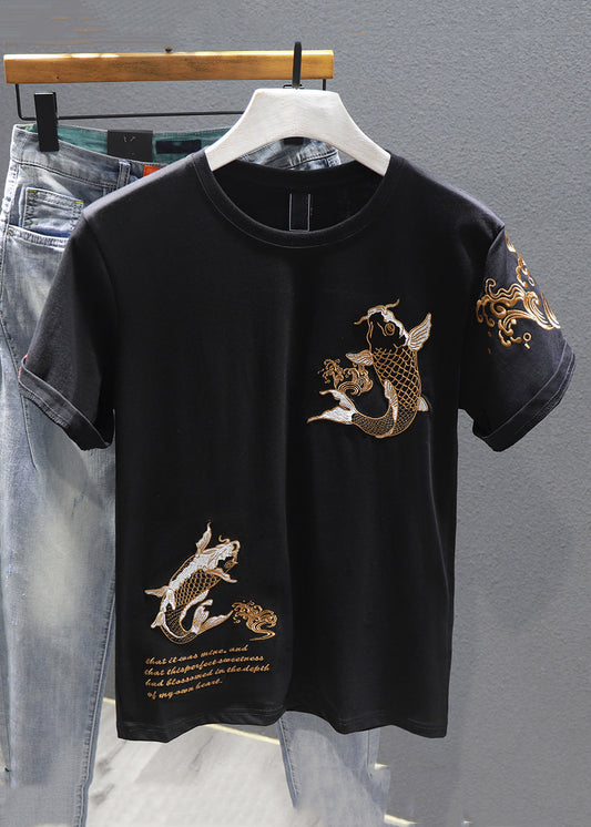 New Black O-Neck Print Cotton Men T Shirt Short Sleeve LK041