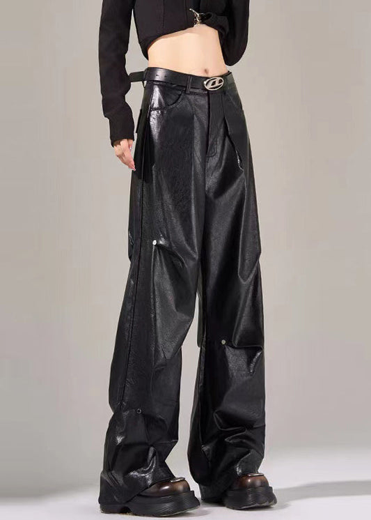 Nouveau pantalon en similicuir taille haute froissé avec poches noires Automne WP051