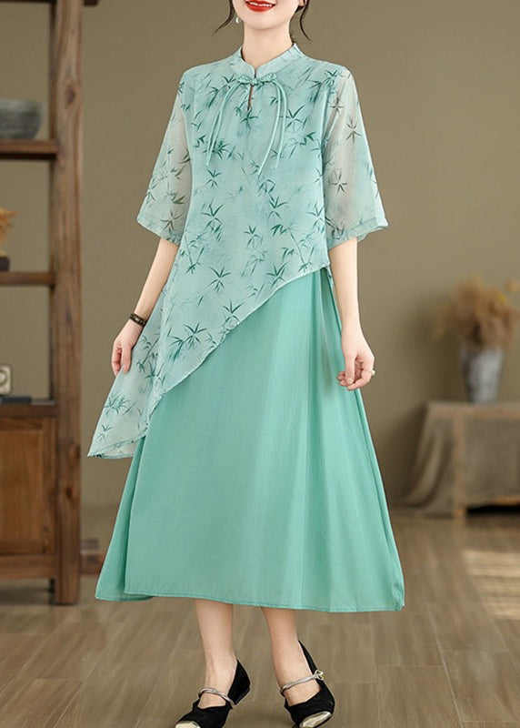 New Blue Asymmetrical Print Cotton Long Dresses Half Sleeve JH049