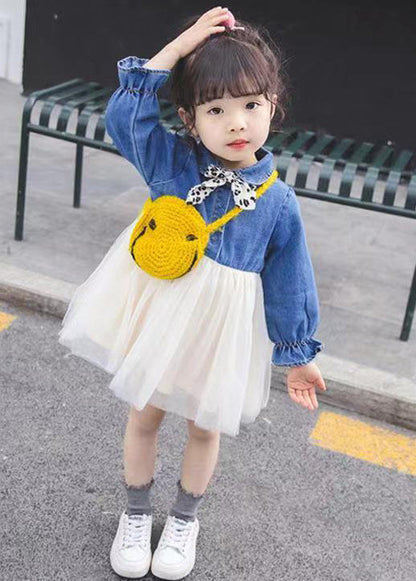 New Blue Button Tulle Patchwork Girls Dress Flare Sleeve XZ095