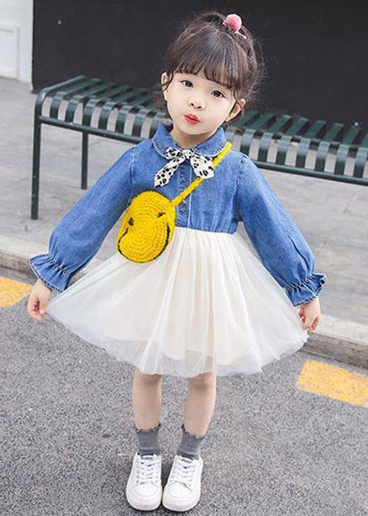 New Blue Button Tulle Patchwork Girls Dress Flare Sleeve XZ095