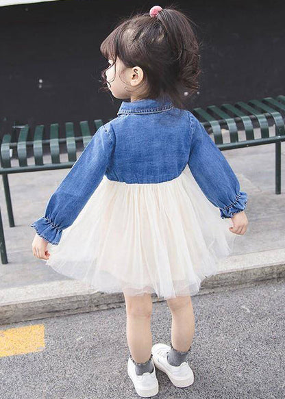 New Blue Button Tulle Patchwork Girls Dress Flare Sleeve XZ095