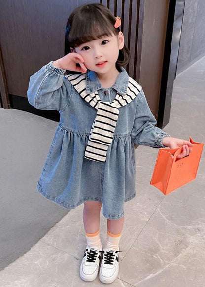 New Blue Peter Pan Collar Button Denim Girls Dresses Fall XZ009