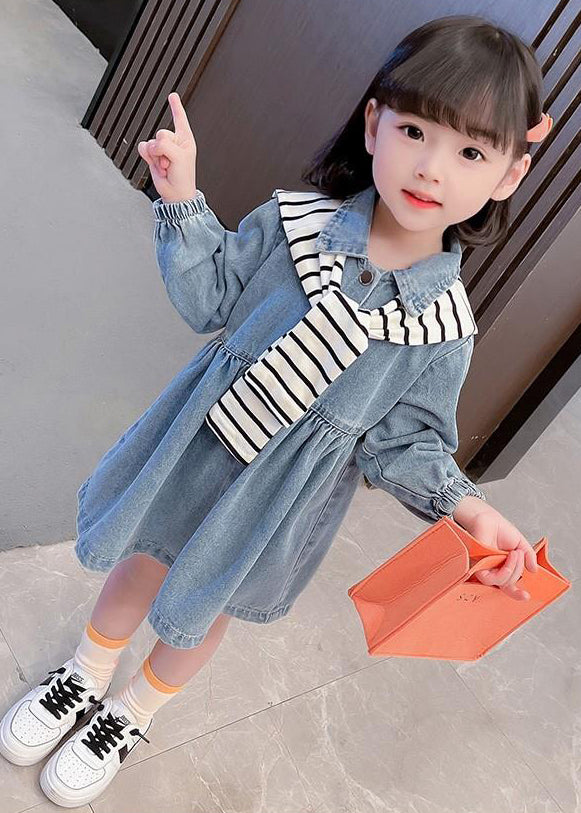 New Blue Peter Pan Collar Button Denim Girls Dresses Fall XZ009