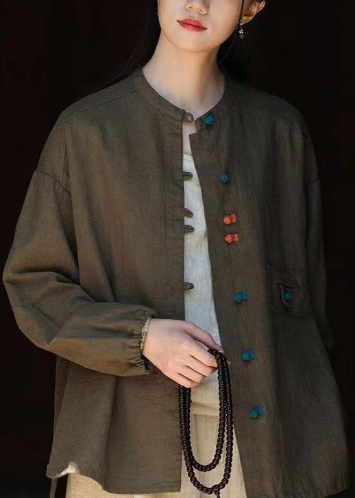 Nouveau manteau en lin à boutons orientaux vert noirâtre de style chinois automne QK021