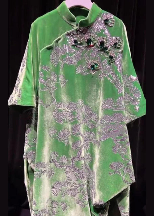 Robe d'été asymétrique à col montant vert de style chinois BV006