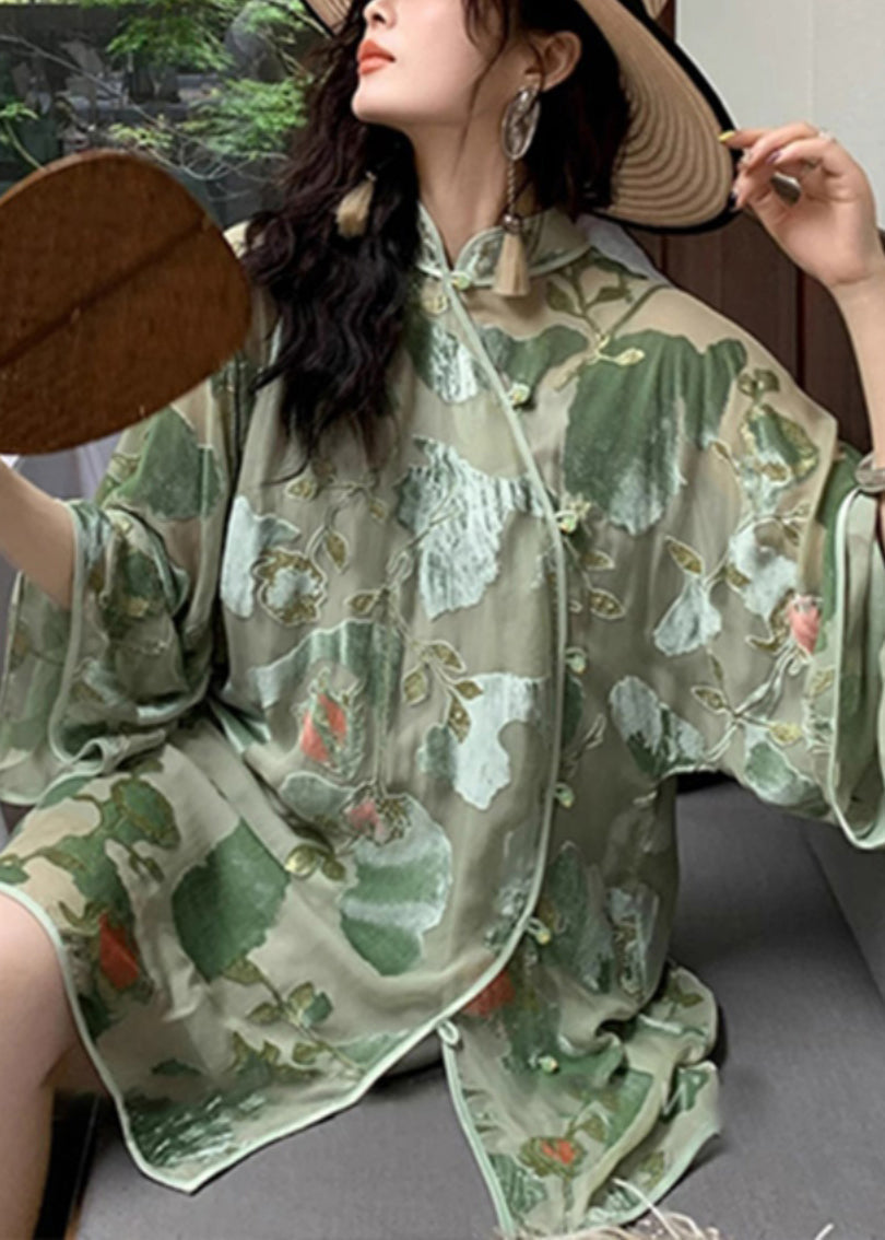 New Chinese Style Green Stand Collar Print Shirt Top Summer ZL062