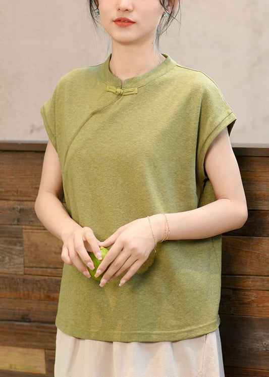 New Chinese Style Green Stand Collar T Shirt Short Sleeved LK024