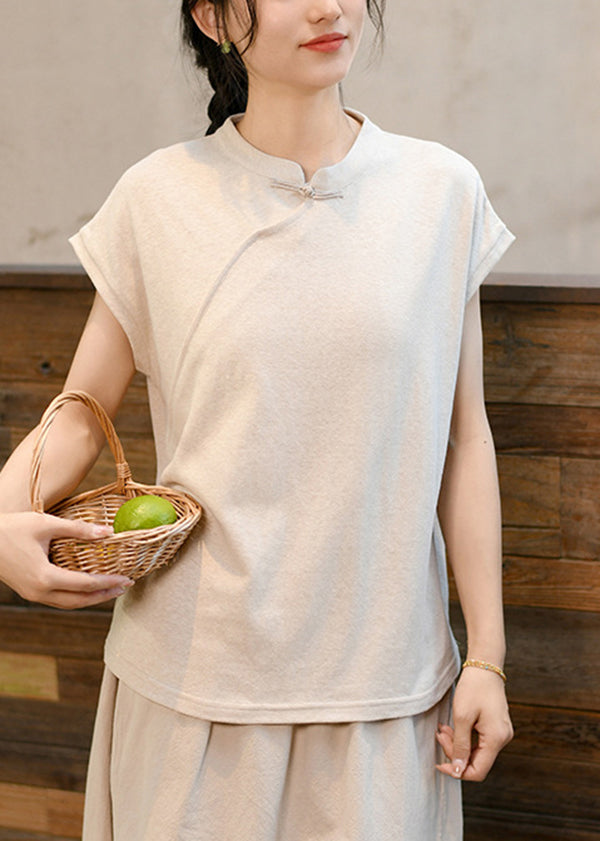 New Chinese Style Green Stand Collar T Shirt Short Sleeved LK024