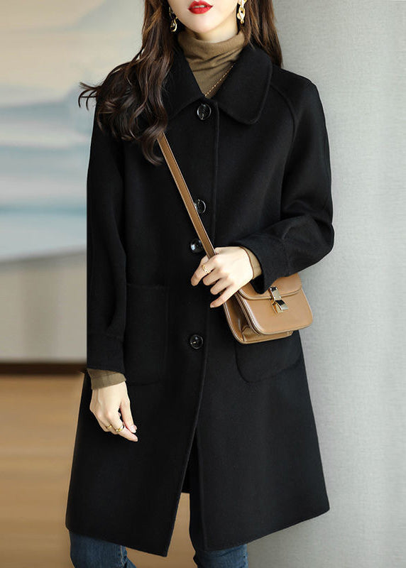 New Coffee Peter Pan Collar Fine Cotton Filled Pockets Woolen Coat Winter RS027