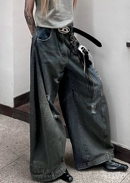 Pantalon large en denim gris foncé avec poches à trous pour l'été AW1021