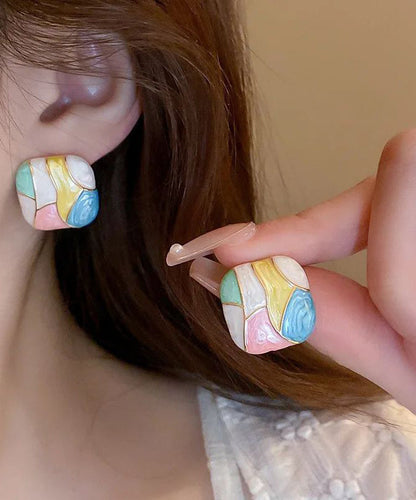 New Fashion Alloy Enamel Square Contrast Color Stud Earrings Female Sweet WH043