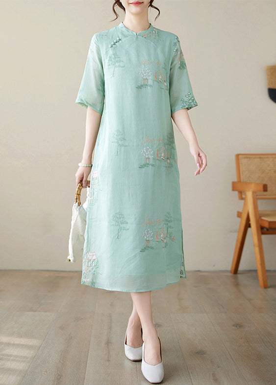 New Green Embroidered Side Open Cotton Dresses Half Sleeve JH040