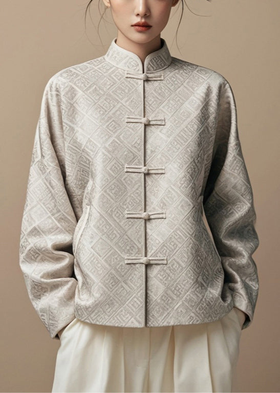 Nouveau manteau en coton imprimé à col montant gris automne AG1036