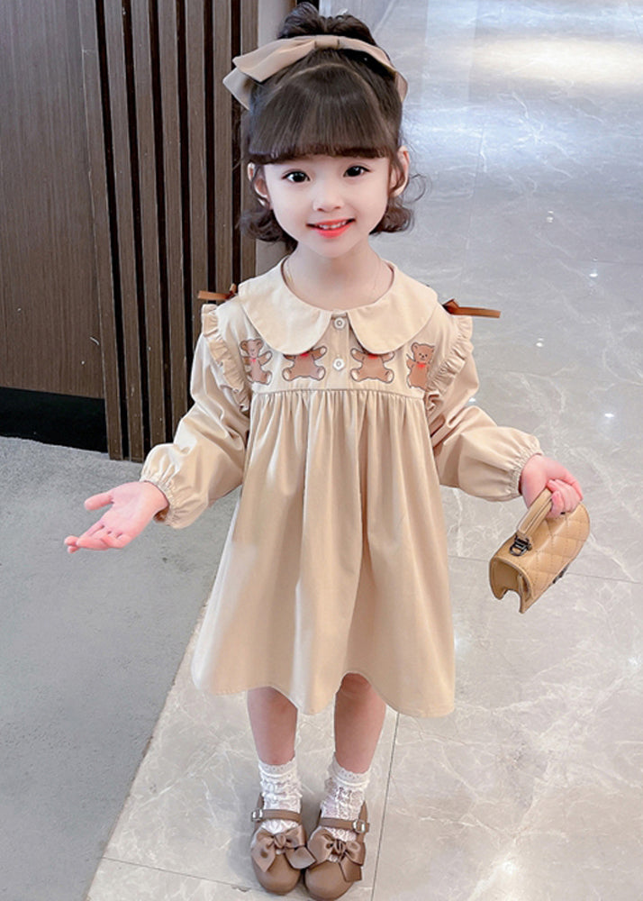 New Khaki Ruffled Print Cotton Girls Dresses Long Sleeve XZ054