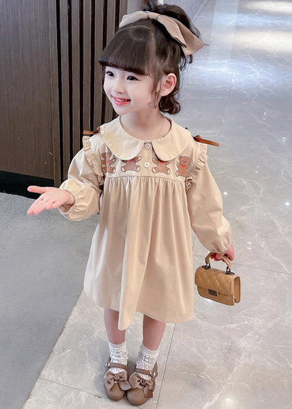 New Khaki Ruffled Print Cotton Girls Dresses Long Sleeve XZ054