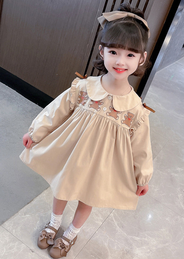 New Khaki Ruffled Print Cotton Girls Dresses Long Sleeve XZ054