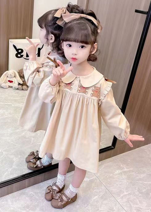 New Khaki Ruffled Print Cotton Girls Dresses Long Sleeve XZ054