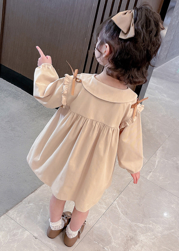 New Khaki Ruffled Print Cotton Girls Dresses Long Sleeve XZ054