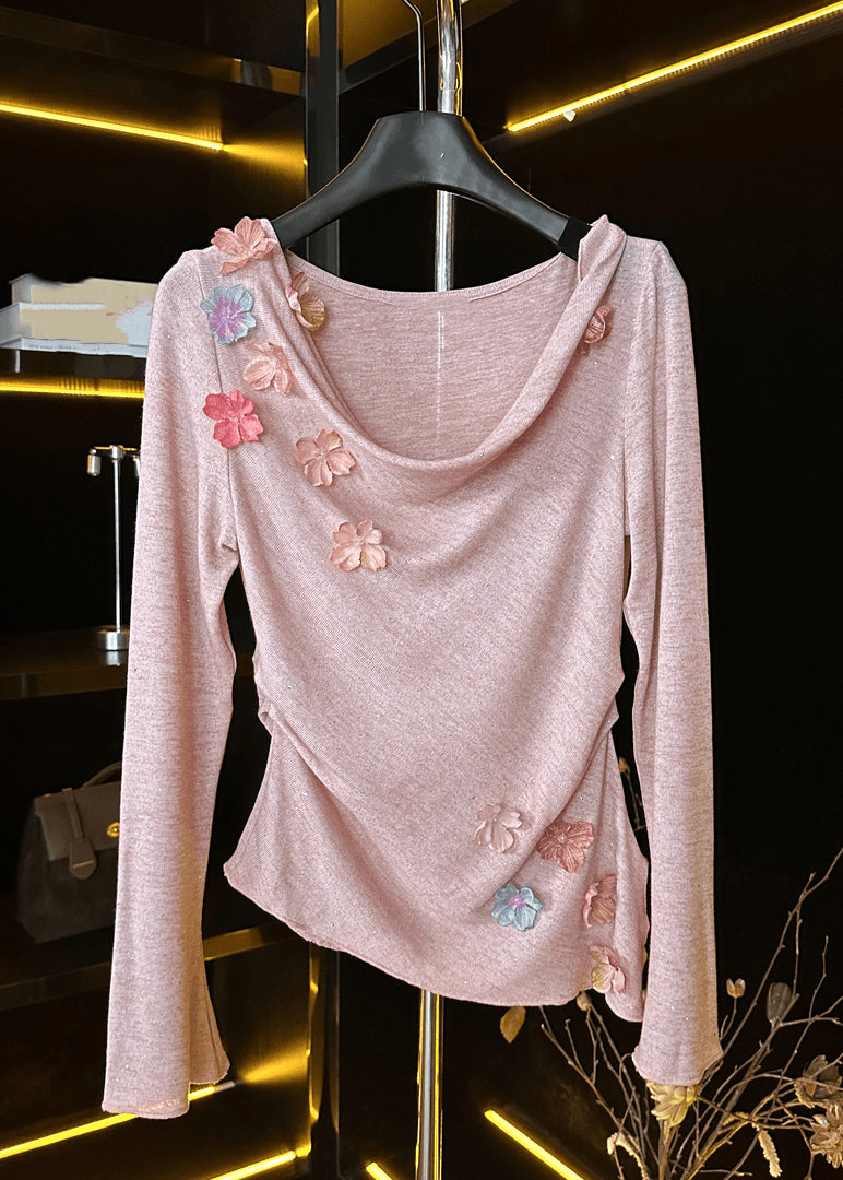 New Pink Floral Solid Cotton T Shirt Fall RK024