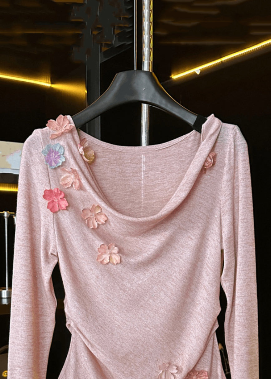 New Pink Floral Solid Cotton T Shirt Fall RK024