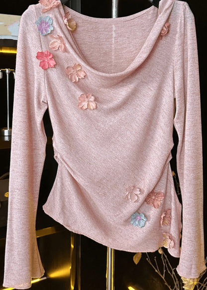 New Pink Floral Solid Cotton T Shirt Fall RK024